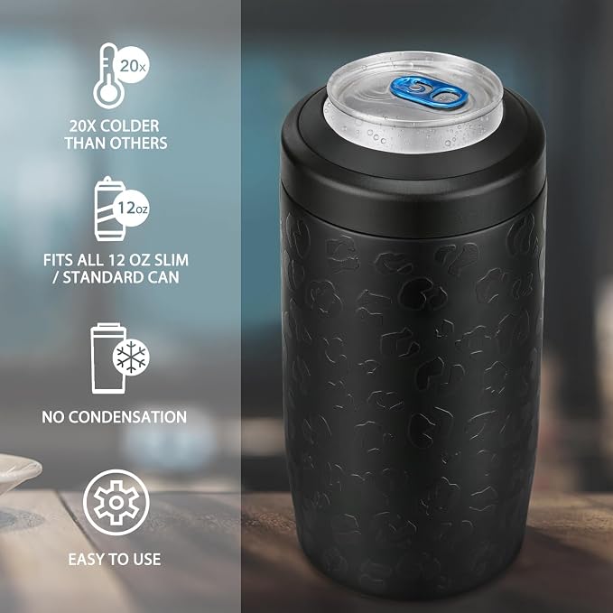 Itslife 4-in-1 Slim Can Cooler Easy to Hold Insulated Beer Can Holder Double-walled Stainless Steel for All 12 Oz Cans Gift Fathers Day Gifts for Dad (Black Leopard)
