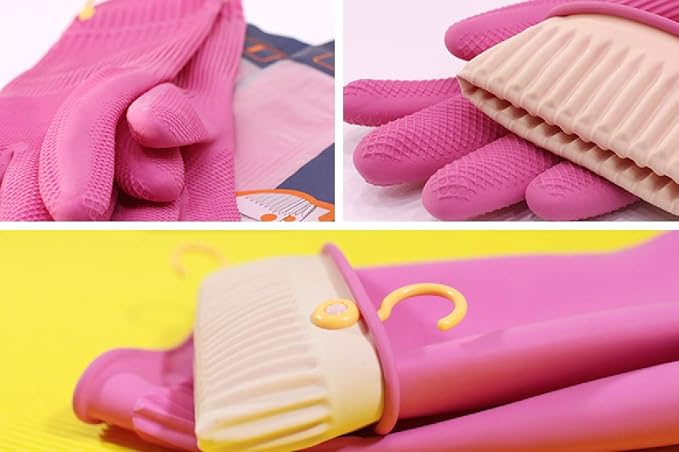 Myungjin 2 Pairs Reusable Waterproof Non-Slip Honeycomb Grip Latex Rubber Gloves with Hang-Dry Hooks/Hanging Loops for Dishwashing Household Cleaning Cooking (Large)