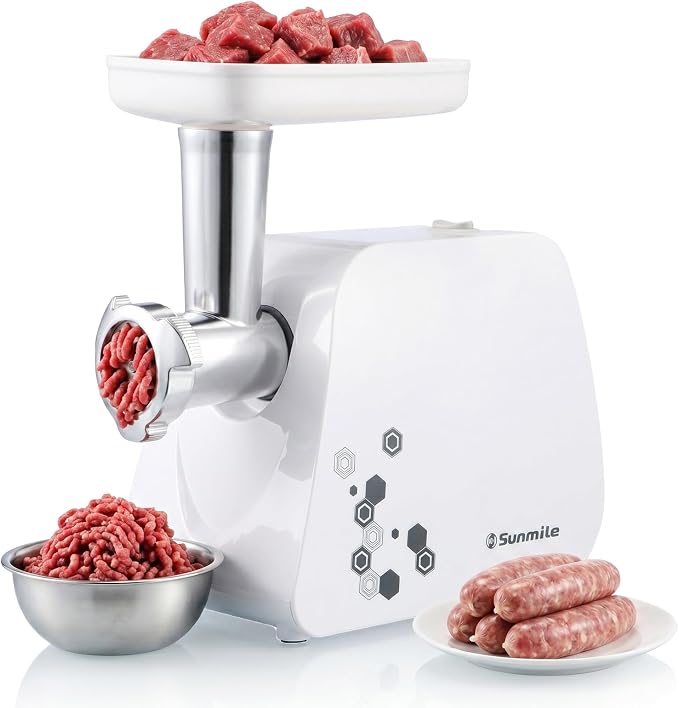 Sunmile Electric Meat Grinder and Sausage Maker - 1HP 1000W Max - Stainless Steel Cutting Blade and 3 Grinding Plates,1 Big Sausage Staff Maker, White