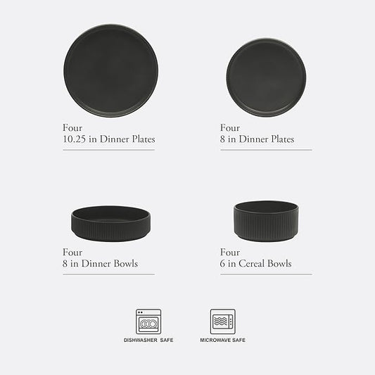 Gibson Elite Deerfield 16-Piece Stoneware Dinnerware Set – Matte Black Reactive Glaze Plates and Bowls, Stackable, Modern Design, Service for 4 – Microwave & Dishwasher Safe