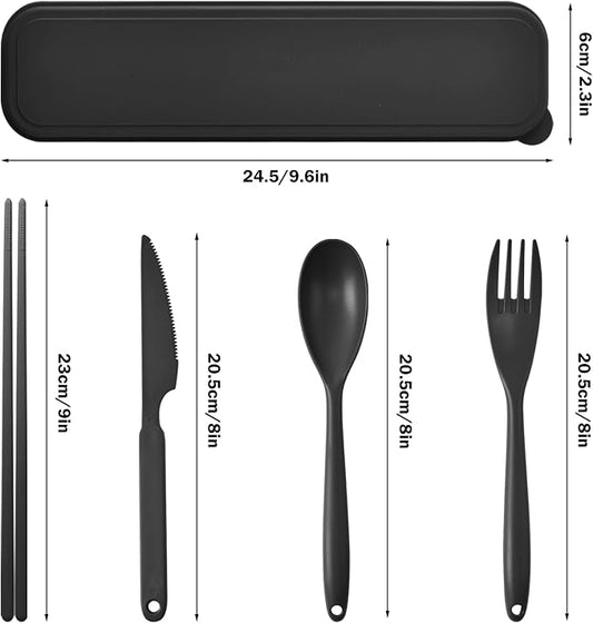2 Sets Large Reusable Utensils Set with Case, Portable Cutlery Sets | Plastic, Black and Grey, Chopsticks Fork Spoon Knife Set with Lunch Box, For Camping Travel Daily Lunch Use Picnic Outdoor