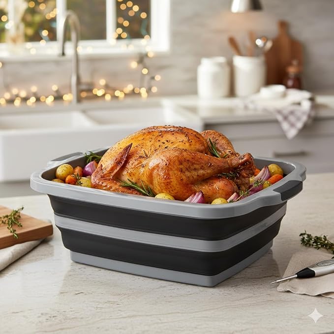 Collapsible X-Large (16L) BBQ Marinating Tub w/ Cutting Board | Multipurpose Food-Grade TPE Prep Tub w/ Lid | Built-In Colander & Drain Plug - For Camping | Tailgate | Picnic - Slate Black