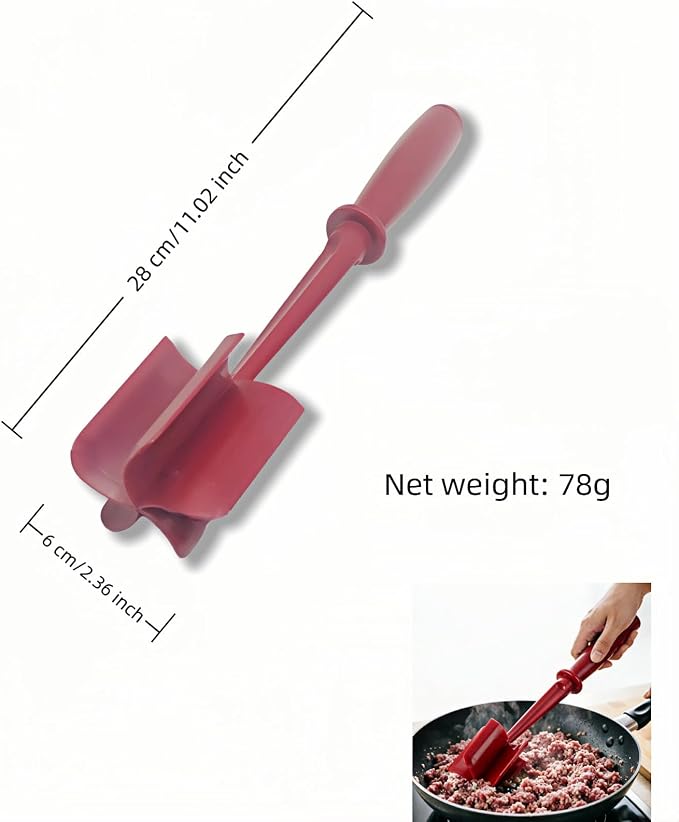 Meat Chopper, Hamburger Grinder, Premium Heat Resistant Masher for Ground Beef, Burger Grinder, Potato Masher, Nylon Potato Mix Tool, Safe, Non-Stick, Mix and Chop Kitchen Tool - Red