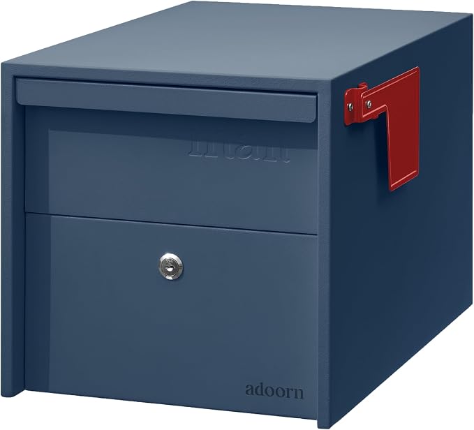 Adoorn Lockable Post Mount Mailboxes for Outside - Small Anti-Theft Locking Mailbox for Packages and Letters - Weatherproof Construction - Durable Steel - 12" H x 12" W x 18.5" D - Navy