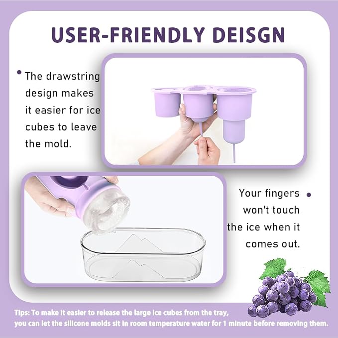 2PC Silicone Ice Mold for Stanley Cup 30 40oz, Tumbler Ice Maker | Easy Fill and Release Without Touching Ice, Ice Cube Tray with Clear Lid for Freezer, Whiskey, Cocktail (Purple+Purple)