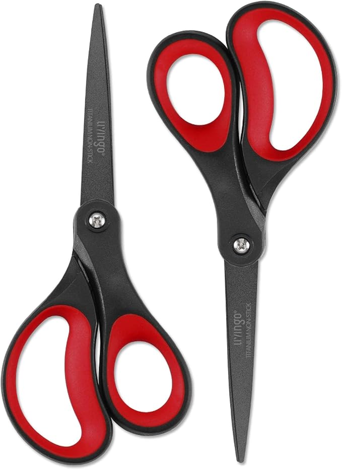LIVINGO Scissors All Purpose Heavy Duty 8" Office Titanium Non Stick 2 Pack | Sharp Stainless Steel Blade, Comfort Grip Handle, DIY Craft, Paper Fabric Cutting, Home School Supplies