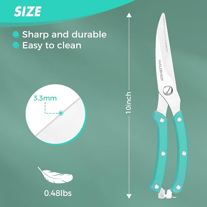 HAUSHOF 10" Poultry Shears, Stainless Steel Kitchen Scissors for Food | Serrated Blade, One-Piece Handle, Spring-Assisted Cutting, Safety Lock, Poultry, Meat, Fish & Bone Prep