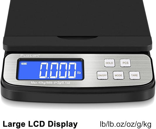 Fuzion Shipping Scale - Digital Postal Scale 88lb x 0.1oz, Flip-up Platform | All-in-1 Postal Scale, Large Display, Hold/Tare/PCS Counting, Easy Calibration, 5 Units, Scale for Packages, Small Business