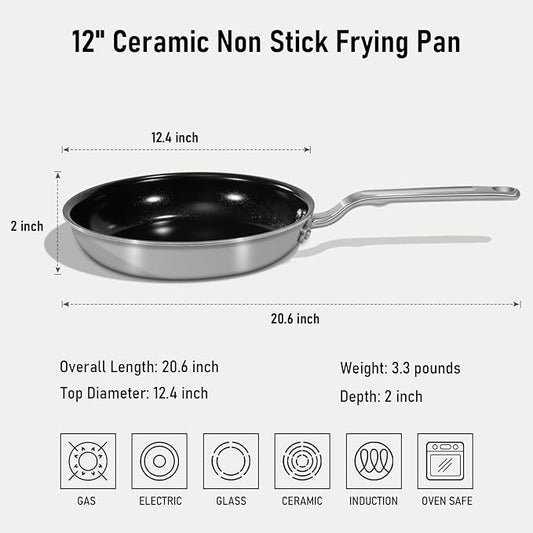 12 Inch Ceramic Non Stick Frying Pans - 5 Ply Stainless Clad Nonstick Skillet, Toxic, PTFE & PFOA FREE, Professional Cookware for Induction, All Stoves and Oven up to 650°F