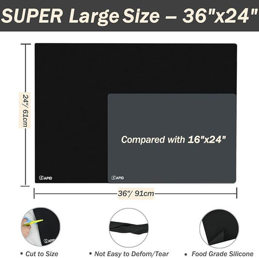 Extra Large Silicone Mat Kitchen Counter Heat Resistant Table Mat 36" x 24" | Place Mats, Countertop Protector , Thick Placemats Washable Silicone Mats for Kitchen Counter Dining Table Mat, Black , Sapid