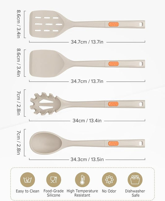 Silicone Spatulas and Spaghetti Spoons, 4 Pack Heat Resistant Full Silicone Cooking Utensils Set, Non Stick Large Kitchen Spatula Spoons for Cooking, Mixing, Serving, Draining