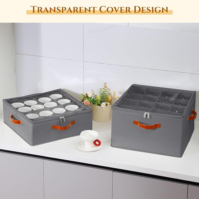 Foyego Cup and Mug Storage Box, Grey | 16 Adjustable Dividers, Hard Shell, with Transparent Lid, 3 Handles, Zippers, Stackable Storage Organizers for Packing&Moving
