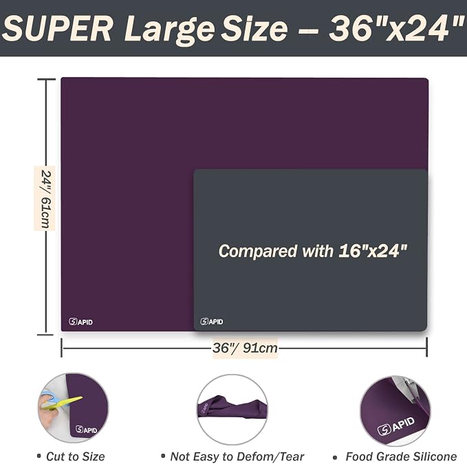 Extra Large Silicone Mat Kitchen Counter Heat Resistant Table Mat 36" x 24" | Place Mats, Countertop Protector, Thick Placemats Washable Silicone Mats for Kitchen Counter Dining Table Mat, Purple, Sapid