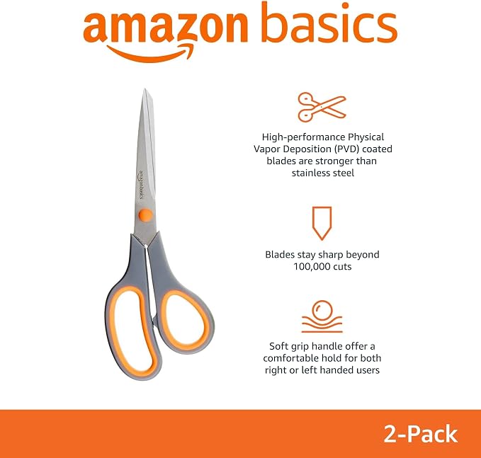 Amazon Basics Multipurpose Stainless Steel Scissors for Office, Crafts, Paper Cutting, Fabric Cutting, Right/Left Handed, Comfort Grip, PVD Coated, 2-Pack, Green and Grey