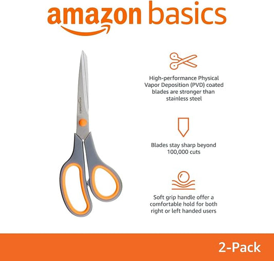 Amazon Basics Multipurpose Stainless Steel Scissors for Office, Crafts, Paper Cutting, Fabric Cutting, Right/Left Handed, Comfort Grip, PVD Coated, 2-Pack, Green and Grey