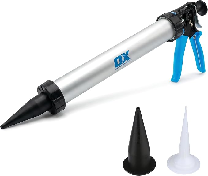 OX Professional Sausage Caulk Gun - 24:1 Thrust Heavy Duty Caulking Gun | 20 oz sausage caulking gun with 24:1 thrust ratio for high-viscosity materials - aluminum barrel - pistola de calafateo