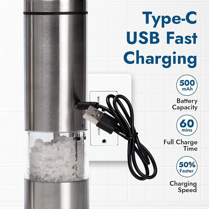 Latent Epicure Electric Salt and Pepper Grinder (SINGLE) - Rechargeable USB-C - Stainless Steel Salt, Pepper or Spice Mill with LED Light - One Handed Operation - Adjustable Ceramic Grinders