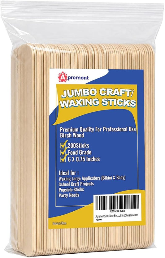 Apremont 200 Piece 6 Inch Large Jumbo Wooden Craft Sticks, Premium Natural Organic Wood for Waxing, Craft Project, Tongue Depressor, Popsicle, Ice Cream Stick,Woodcraft, Paint Stirrer and Art