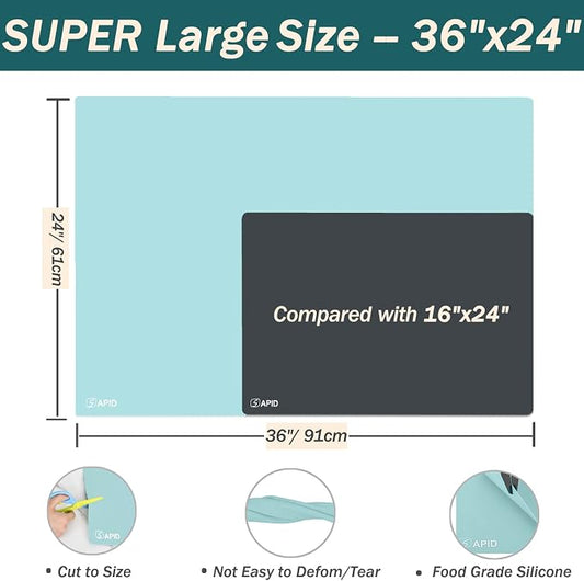 Extra Large Silicone Mat Kitchen Counter Heat Resistant Table Mat 36" x 24" | Place Mats Countertop Protector, Thick Placemats Washable Silicone Mats for Kitchen Counter Dining Table Mat,Mint Green,Sapid