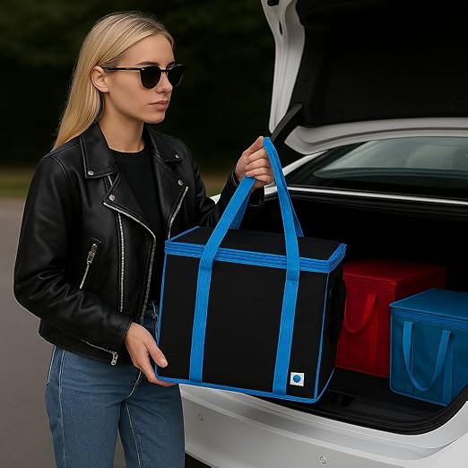 musbus XL-Large Insulated Grocery Shopping Bags, Black, Reusable Bag,Thermal Zipper,Collapsible,Tote,Cooler,BLACK BLUE