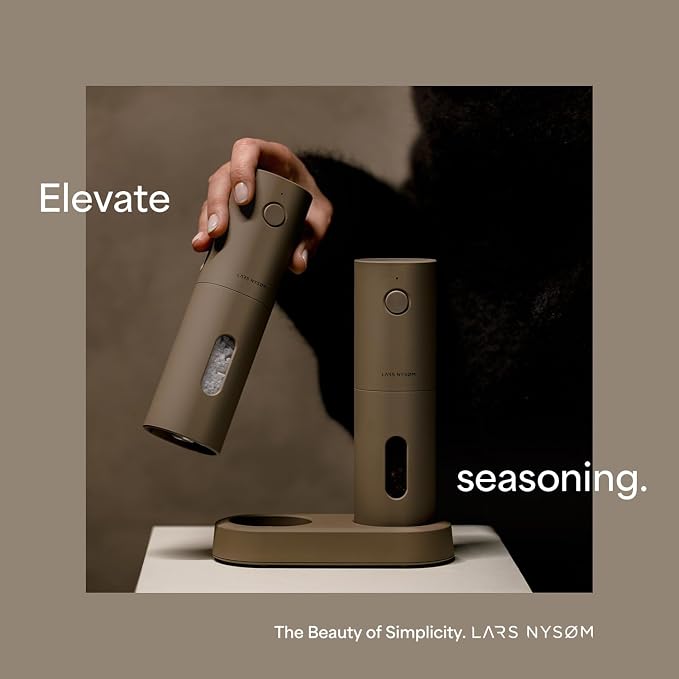 LARS NYSØM Electric Salt and Pepper Grinder Set, USB Rechargeable, Automatic Salt and Pepper Mills, Spice Shakers Refillable with LED Light, Adjustable Coarseness, Ceramic Grinder (Taupe Brown)