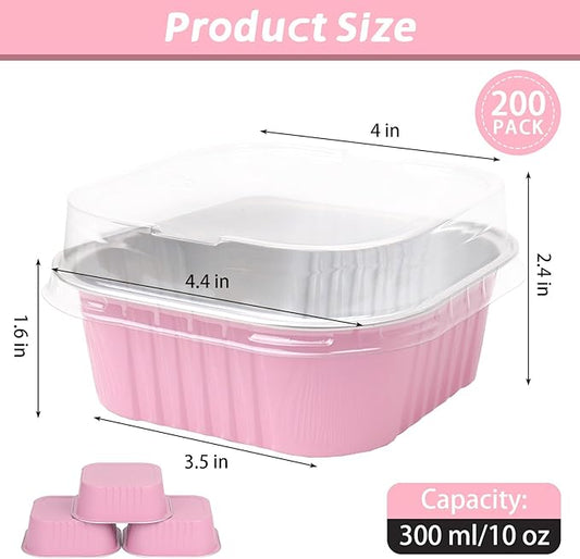 200 Pack 10 oz Pink Square Mini Cake Pans with Lids, Mini Loaf Pans with Lids, Aluminum Foil Square Brownie Baking Cups for Ramekins Muffin Cupcake Wedding Birthday Party