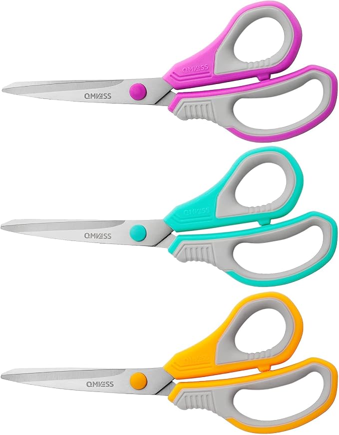 QMVESS 8.5" Scissors All Purpose 3 Pack Heavy Duty for Office School Fabric | Ultra Sharp 2.5mm Thick Stainless Blade, Ergonomic Comfort Grip, Left & Right Handed Classroom Must-Have Cutting General Use