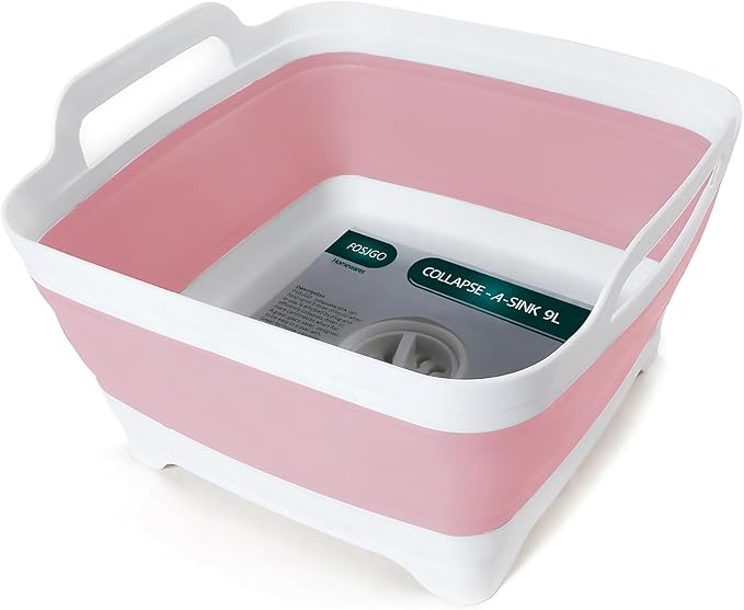 FOSJGO Collapsible Dish Basin with Drain Plug, Foldable Sink, 2.4 Gal (9L) | Space-Saving Wash Basin for Kitchen, Baby Bottles, Vegetable Washing, Camping, RV and Party Beverage Tubs