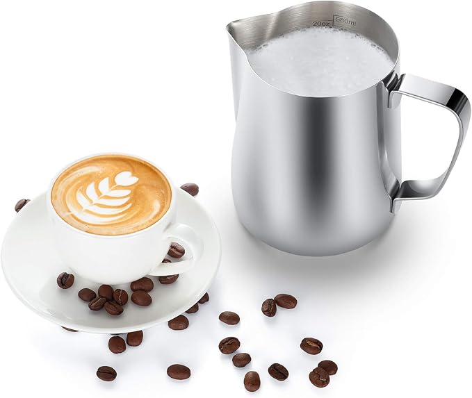 Milk Frothing Pitcher, 32oz Steaming Pitcher Stainless Steel Espresso Machine Accessories for Coffee Bar, Cappuccino Barista Tools Milk Jug Steamer Frother Cup with Decorating Latte Art Pen