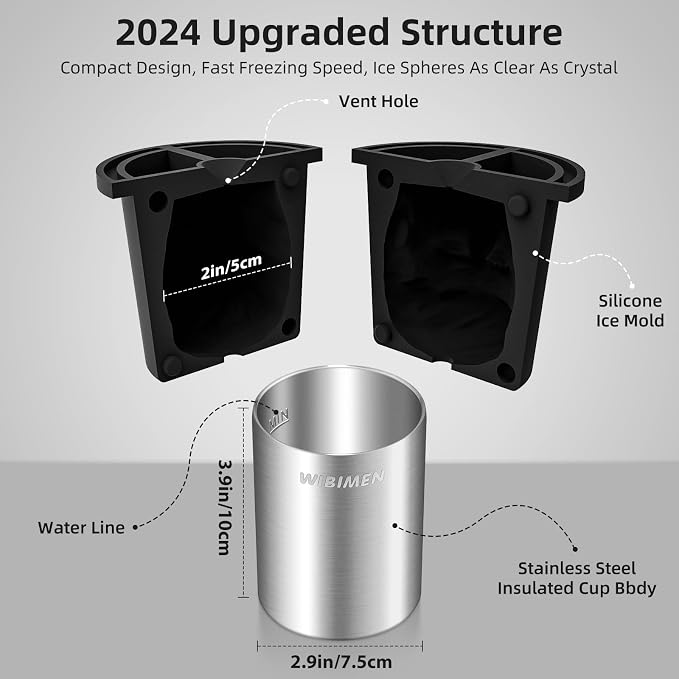 Clear Ice Cube Maker, 2" Stainless Steel Clear Ice Maker for Old Fashioned Whiskey lover, Bourbon, Whiskey, Cocktail Gifts for Men on Birthday or Holiday, Easy-Release Ice Ball Maker Mold