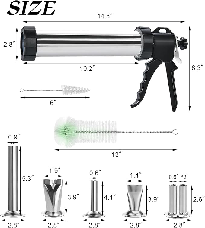Jerky Gun for Ground Meat, Beef Jerky Making Kit with 5 Nozzles | Stainless Steel Beef Jerky Gun Jerky Marker Sausage Stuffer, 1LB Professional Jerky Gun Kit, 2 Cleaning Brush, Jerky Shooter