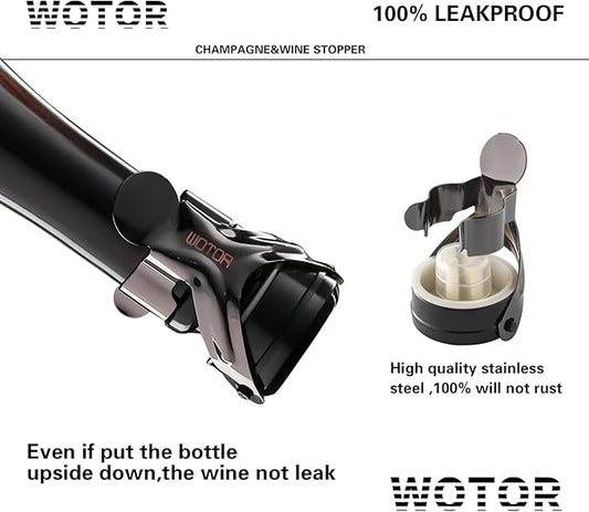WOTOR Champagne&Wine Bottle Stoppers Stainless Steel with Food Grade Silicone, Leak Proof Keep Fresh Reusable Saver, Cork Suitable for Wine, Champagne, Cava, Prosecco and Sparkling (4 Pack Black）
