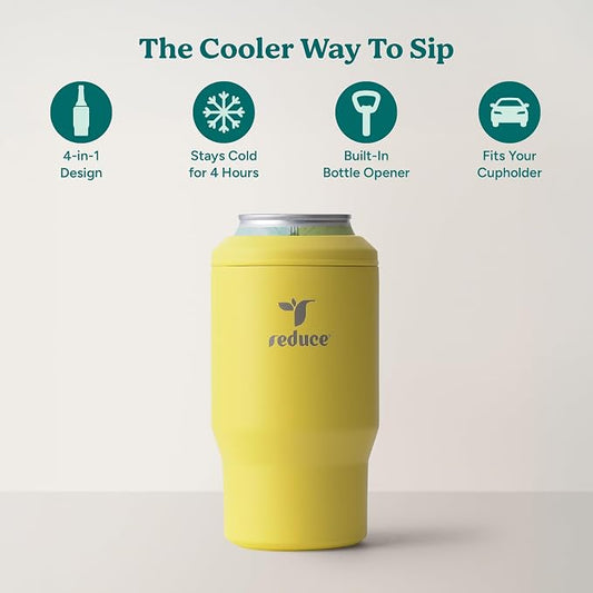 Reduce 4-in-1 Drink Cooler - Versatile Can & Bottle Holder with Vacuum Insulation - Keeps Drinks Cold Up to 4 Hours - Includes Bottle Opener - Fits Cupholders & Dishwasher Safe - 14oz - Pina Colada