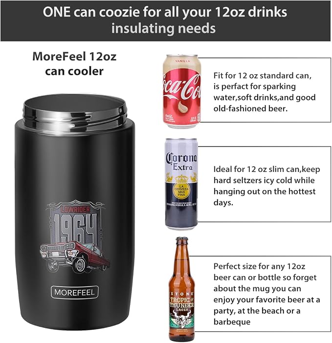 Morefeel 4-in-1 Insulated Can Cooler for 12 oz Cans & Bottles | 304 Stainless Steel Can Holder Fits 12 Oz Slim Cans, Standard Cans, Beer Bottles & Works as A Open Cup; Dishwasher Safe