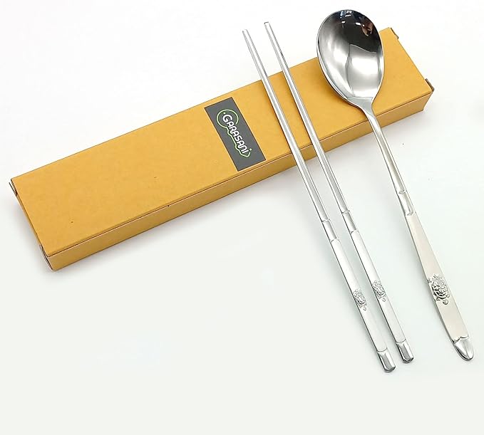 GARASANI Korean Traditional Cutlery Stainless Steel Spoons and Chopsticks Set (Silver Turtle)