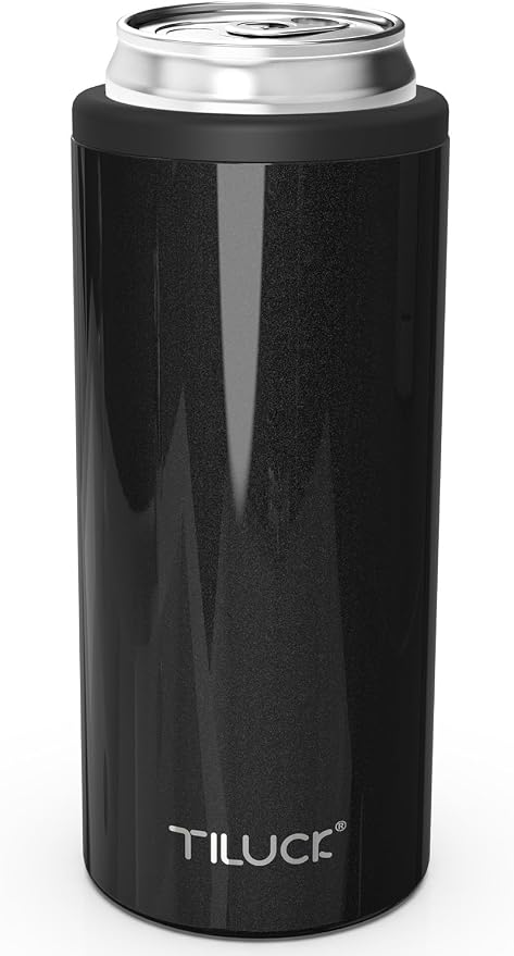 TILUCK Skinny Can Cooler, Stainless Steel Insulated Slim Cans, 12 oz | Beer & Hard Seltzer, Doucle-Walled Stainless Steel Insulated Slim Cans, Slim 12 oz(Glitter Black)