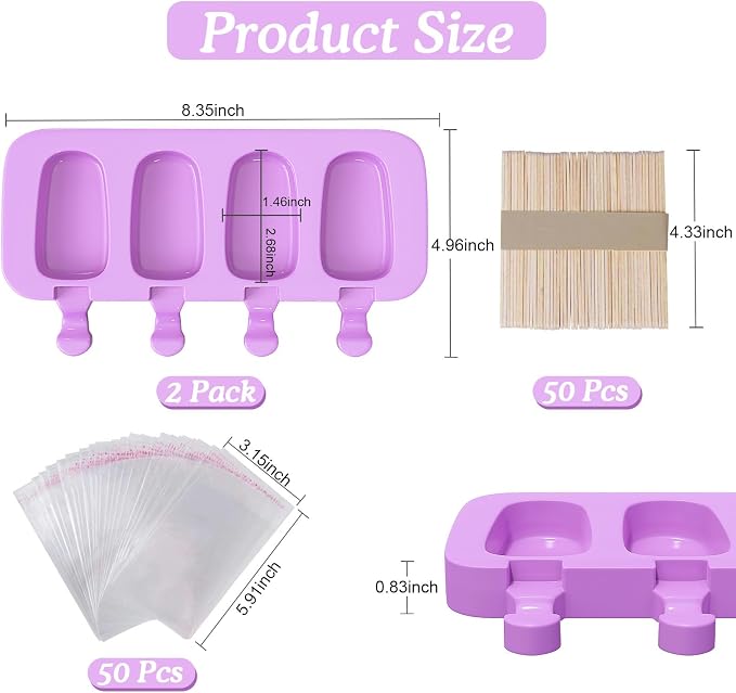Ozera Silicone Popsicle Molds, 2 Pack Cake Pop Molds Reusable Popsicles Maker Ice Pop Cakesicle Molds with 50 Wooden Sticks & 50 Popsicle Bags for Homemade DIY Popsicles