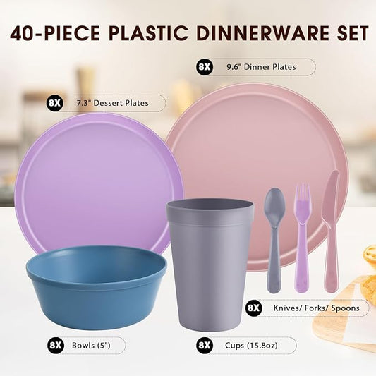 40 Piece Plastic Dinnerware Set for 8 with Cutlery, Unbreakable Plates and Bowls Set, Dishwasher & Microwave Safe Reusable Dish Set for Camping, RV, Outdoor Kitchen, Apartment Dining,Pastel Multicolo