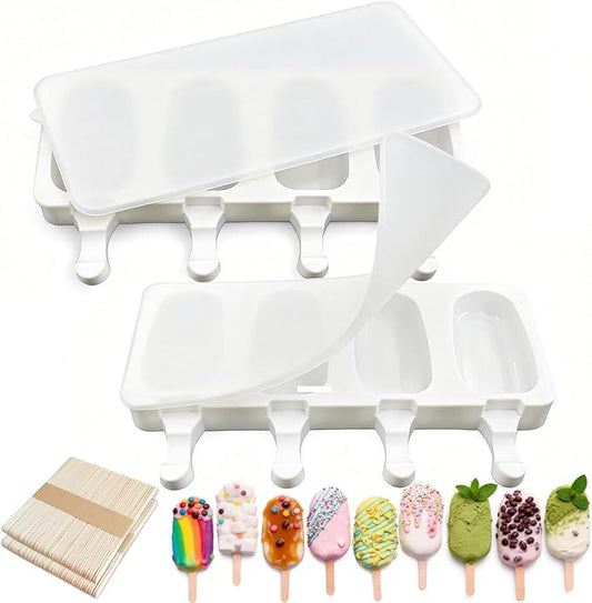 2 Pack Silicone Popsicle Molds，Oval 4 Cavities Homemade Ice Pop Molds with 100 Wooden Sticks for Ice Cream, Cakesicles, Cake Pop