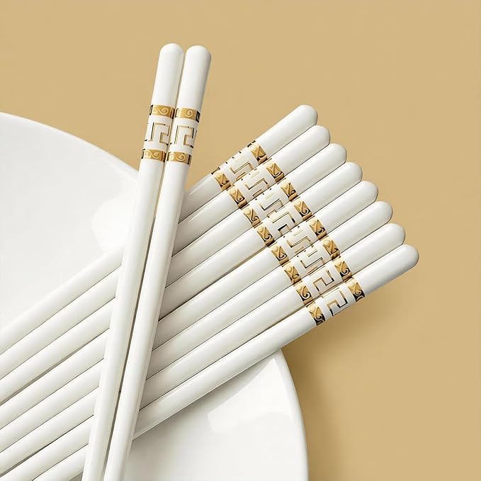 Ceramic Chopsticks Reusable,5 Pairs Porcelain Chop sticks,Jin Ruyi,9.7'' | Easy to Clean,Dishwasher Safe,Heat Resistant,with a Gift case,Cooking Chopsticks,High-grade Bone China Porcelain