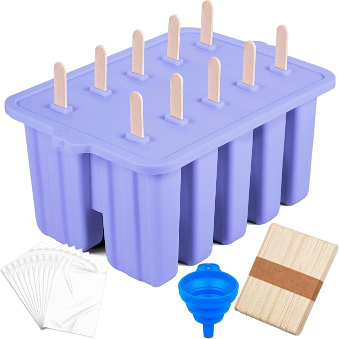Purple Silicone Popsicles Molds,10 Cavity Homemade Popsicle Molds DIY Ice Pop Molds for Kids & Adults Food Grade BPA-Free with Popsicle Maker Sticks Popsicles Bags A Funnel