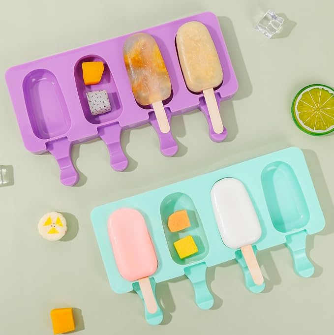 Ouddy Life Popsicle Molds Set of 2, Ice Pop Molds Silicone 4 Cavities Ice Cream Oval Cake Pop Mold with 50 Wooden Sticks for DIY Popsicle, Purple Green