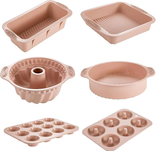Nonstick Silicone Bakeware Set, 6 set Baking Cake Pan, Economical BPA Free Heat Resistant Bakeware Tools for DIY Loaf Bread Cheesecake Pizza Cupcake Muffin (Pink)