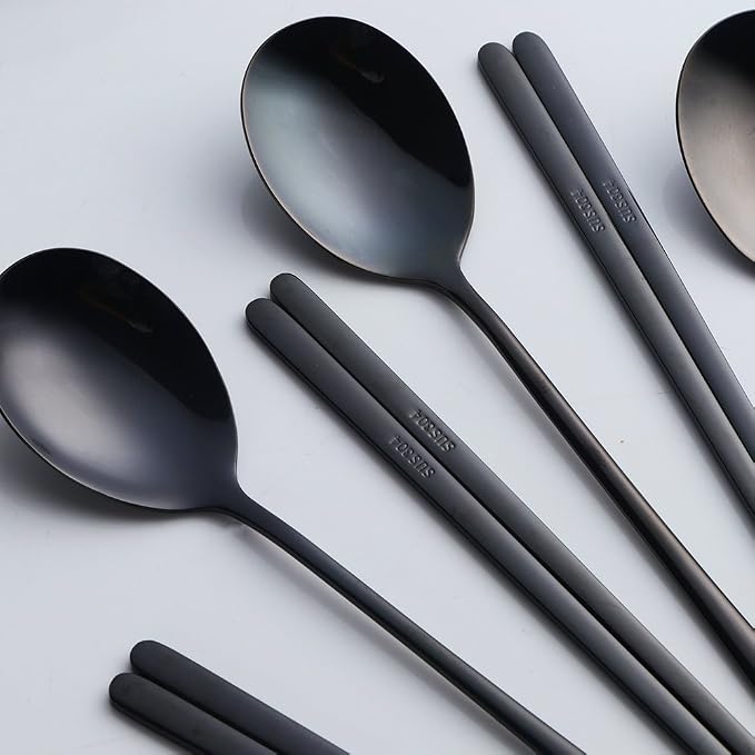 Buyer Star 4 Set Spoon Chopsticks, Black Reusable Metal Stainless Steel Korean Chopstix Spoon Set