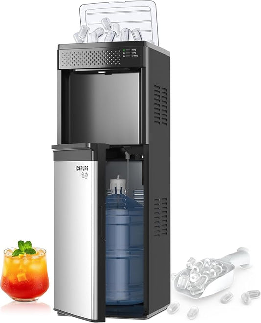 ICEPURE 4-in-1 Bottom Loading Water Cooler Dispenser with Built-in Ice Maker, Fits 3 & 5 Gallon Bottles, Hot & Cold Water with Child Lock, 33 lbs Daily Output for Home and Office