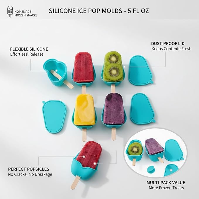 Easy-Release Homemade Popsicles with Silicone Mold, Lids & Sticks for Juice or Yogurt, 5 fl oz Capacity