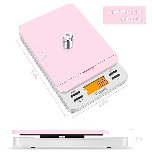 Fuzion Digital Postal Scale, 86 lb/0.1oz Shipping Scale for Packages with Hold and Tare, Postage Scale with Flip Holder, Package Scale for Small Business, Battery & AC Adapter Included