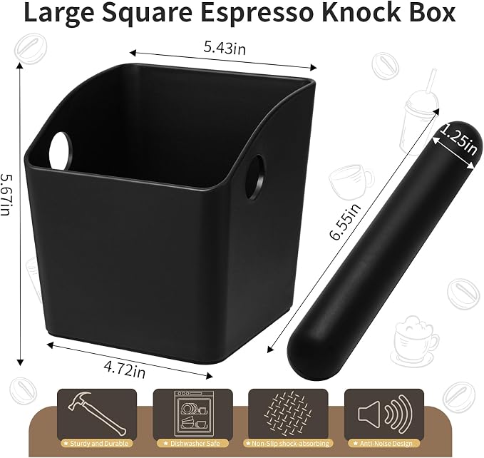 IAOSEN Large Square Knock Box Shock-absorbent Knock Box Espresso with Removable Knock Bar and Non-Slip Base Espresso Accessories for Home/Office (Large Black Knock Box)