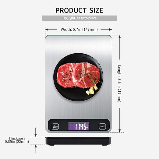 Digital Kitchen Food Scale for Baking,Weight Loss,Grams and Ounces OZ Lb ML,5 Units,1g to 33lb, Stainless Steel with LCD Display,Silver Black (Include AAA Battery)