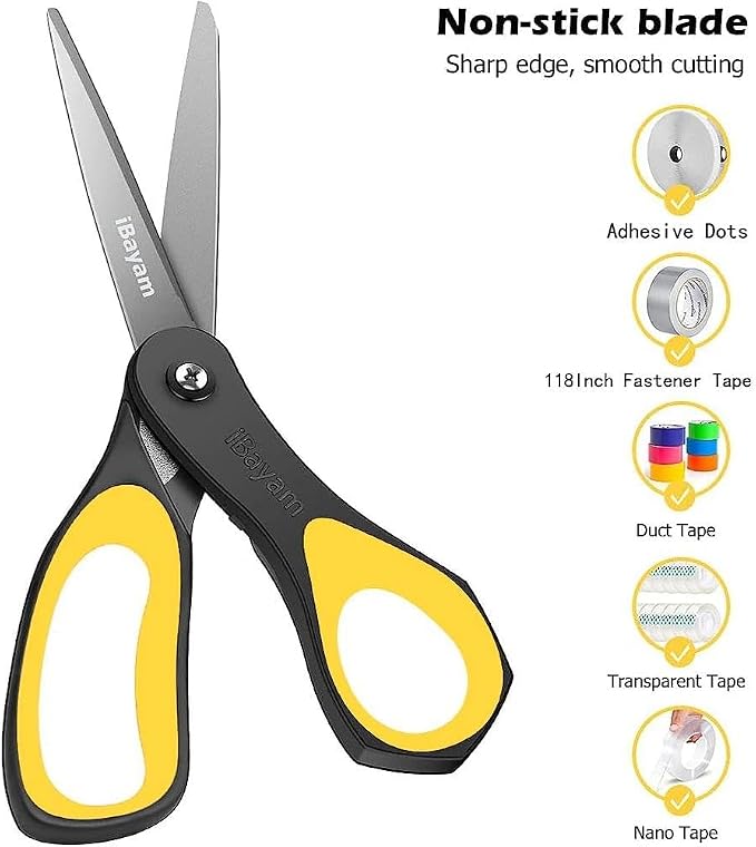 iBayam 8.5" All Purpose Nonstick Scissors, Titanium Scissors for Kids Craft | 2.5mm Blade| Comfort Grip Right/Left Handles| Multipurpose | Cutting Tape, Glue, Adhesive Labels, Paper Fabric